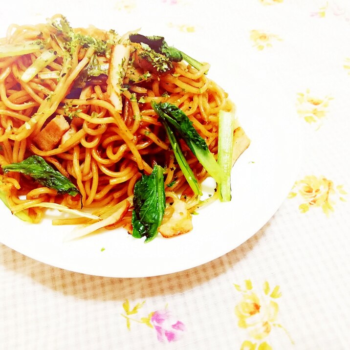 小松菜と高野豆腐の焼き蕎麦